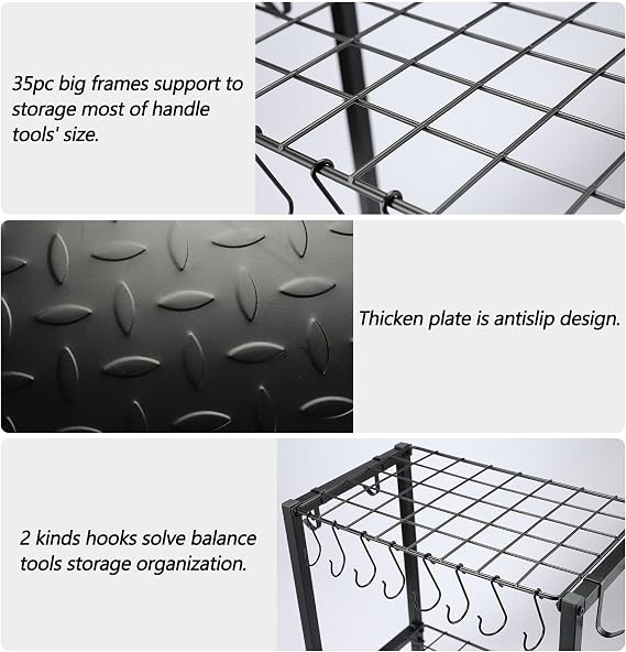 YueTong Garden Tool Organizer Heavy Duty,Yard Tool Tower Rack,Garage Storage Organization for Long Handle Tools,Rake,Brooms,Extra Hooks for Small Shovel,Shear,Kneeling Stool.All Metal&Black