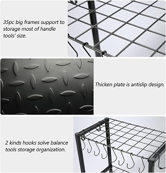 YueTong Garden Tool Organizer Heavy Duty,Yard Tool Tower Rack,Garage Storage Organization for Long Handle Tools,Rake,Brooms,Extra Hooks for Small Shovel,Shear,Kneeling Stool.All Metal&Black