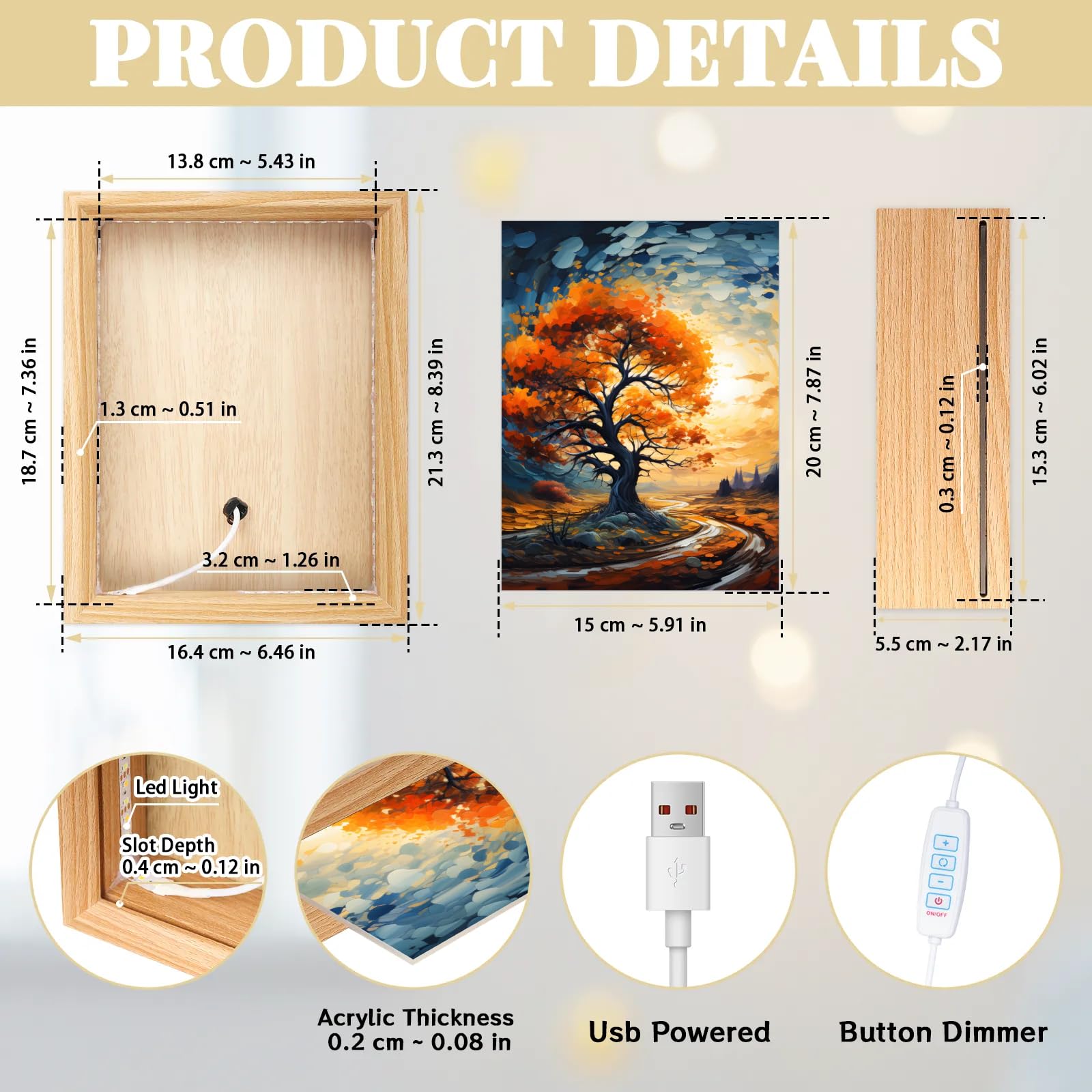 Light Up Painting, Autumn Tree Wall Art Picture Light Sunset Tree Light Up Desktop Art Frame, 10 Brightness, USB Powered, 3 Lighting Modes, Anxiety Relief Decor Gift for Bedroom Home