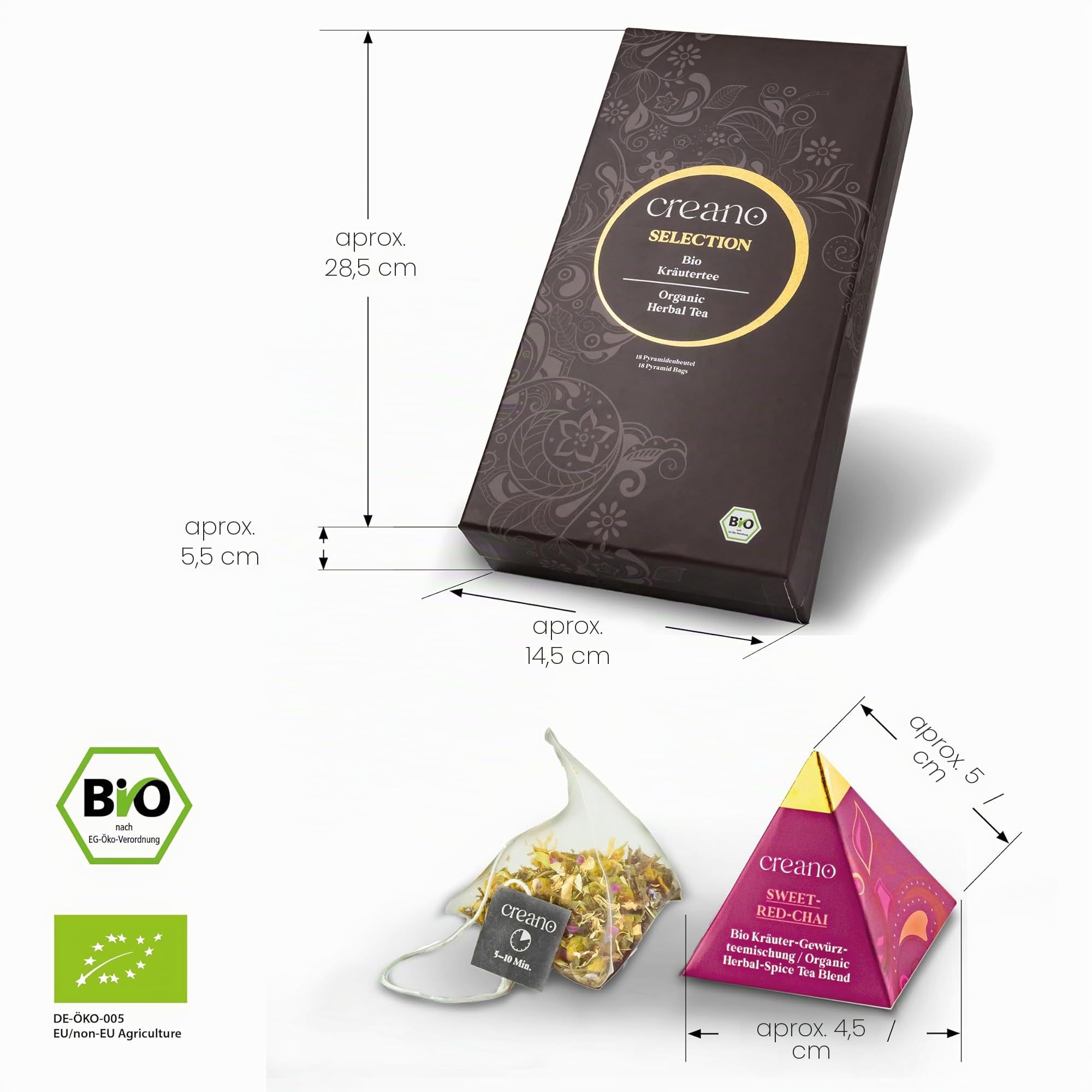 Creano Set de Regalo de Té Bio Infusión de Hierbas 18 Bolsitas Piramidales 9 Variedades Surtidas Sin Cafeína