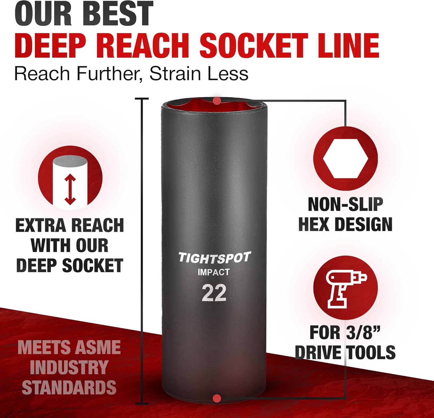 TIGHTSPOT 3/8 Inch Drive - 22 mm Deep Impact Socket with Anti-Rounding 6 Point Design, Heat-Treated Steel, Metric