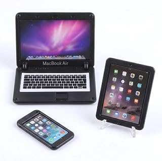 3-Piece Metal Miniature Tech Set - 1:12 Scale Dollhouse Laptop, Tablet & Smartphone with Opening Laptop, Realistic Details for Dollhouse Decor & Role Play Computer Toy OfficeAccessories(Black)