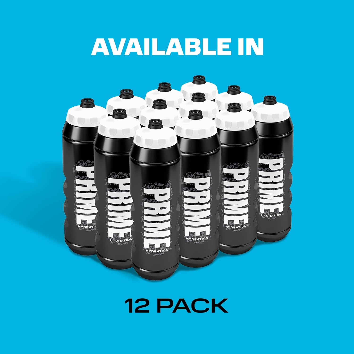 PRIME 32 oz Black Graffiti Squeeze Sports Water Bottles, BPA Free, Dishwasher Safe, Easy-Grip Ergonomic Leakproof Design, Fast Hydration for Gym, Cycling, Running, 12 Pack