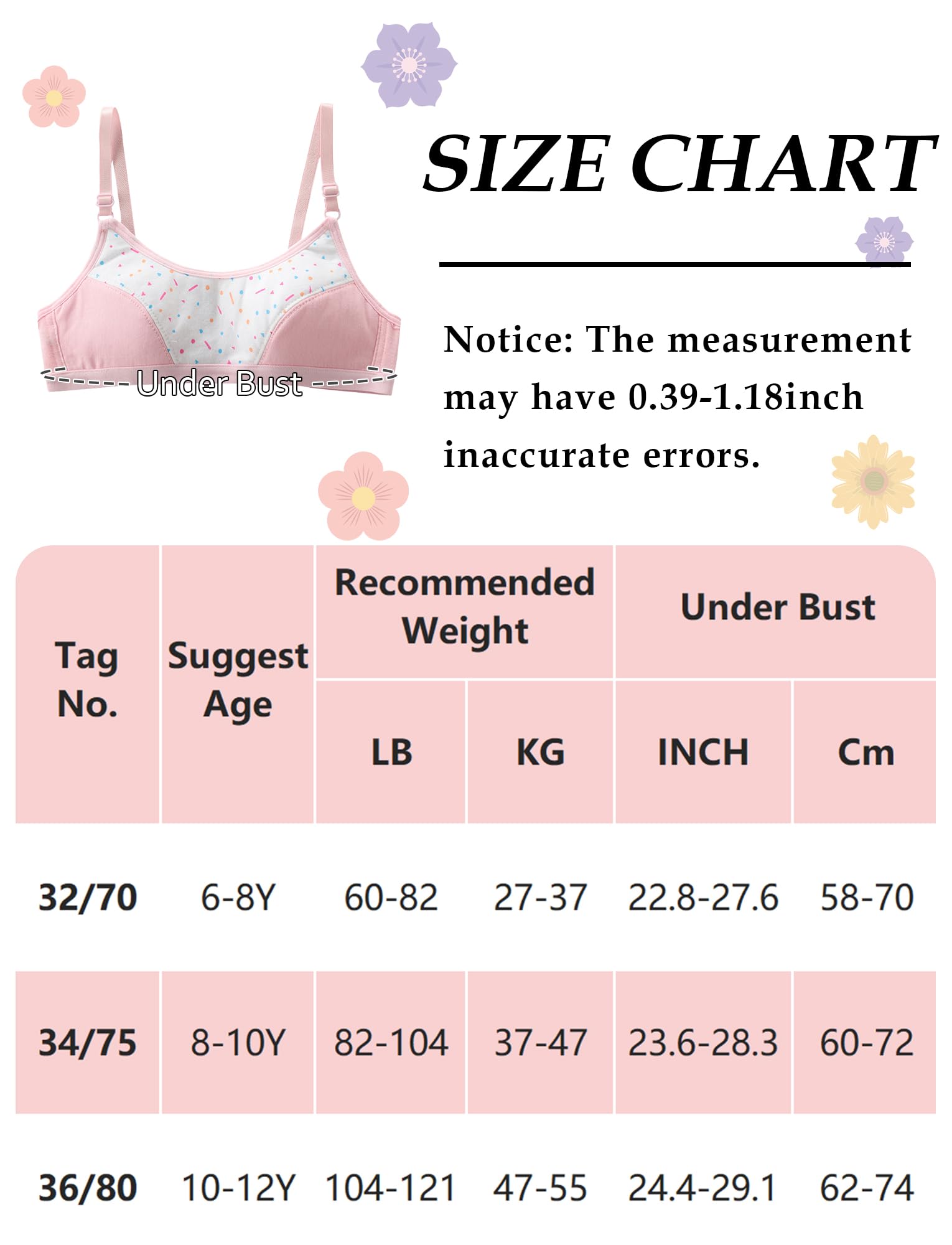 Happy Cherry Soutiens-Gorge Fille sans Armature Coton Brassiere Ado Brassière Soutien Adolescente pour 6 à 12 Ans
