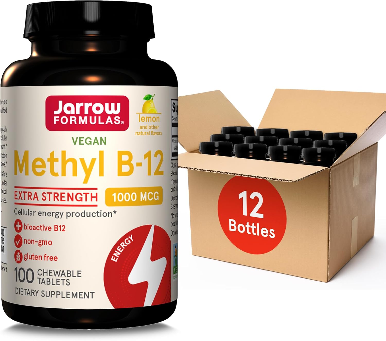 Jarrow Formulas Extra Strength Methyl B-12, Dietary Supplement for Cellular Energy Production, 100 Lemon-Flavored Chewable Tablets, Up to a 100 Day Supply, Pack of 12