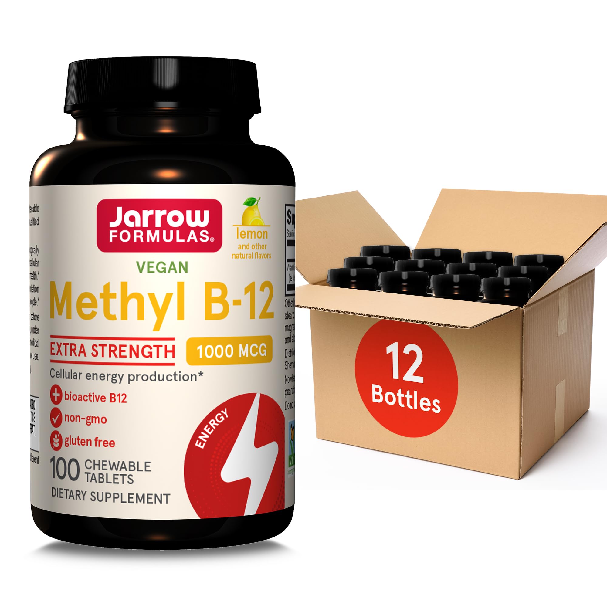 Jarrow Formulas Extra Strength Methyl B-12, Dietary Supplement for Cellular Energy Production, 100 Lemon-Flavored Chewable Tablets, Up to a 100 Day Supply, Pack