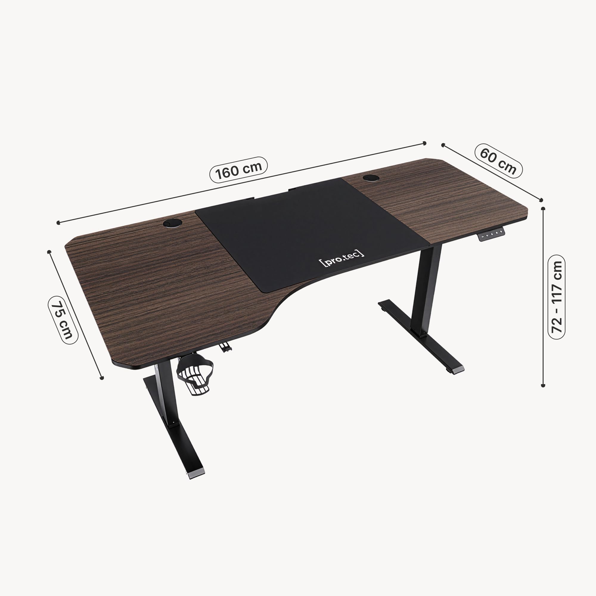 pro.tec Escritorio Stryn Rectangular Regulable en Altura 72-117 cm con Clips y 2 Salidas de Cables Eléctrico 2 Opciones (Sentado y de Pie) Alfombrilla de Ratón XXL 120 x 60 cm Aglomerado/Acero - Nogal