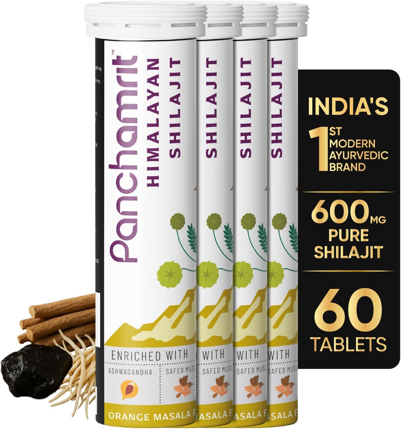 Panchamrit Pure Himalayan Shilajit Effervescent Tablets | 600mg Shilajeet Supplement for Men & Women | Stamina & Energy Booster | 100% Ayurvedic | Ashwagandha, Safed Musli |15 Tablets, Pack of 4