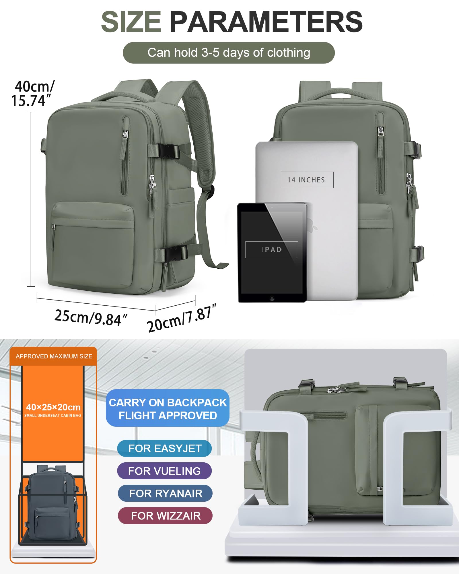 BJLFS Borse da Cabina per Ryanair 40×30×20 Zaino da Viaggio con Sottovuoto Bagaglio a Mano 40x20x25 Easyjet 45×36×20,Zaino Wizzair 40x30x20,Zaino Casual per laptop da 14 pollici per scuola