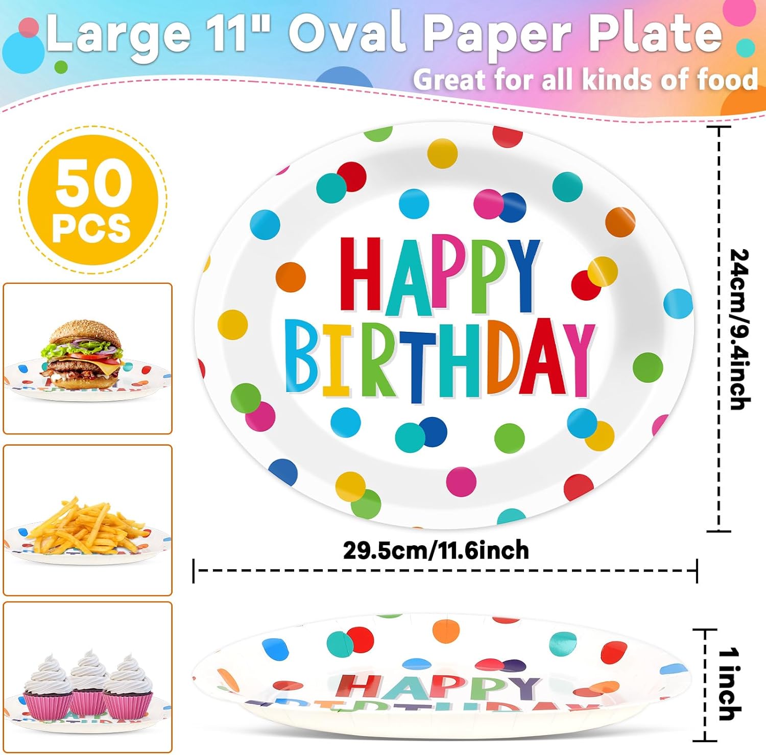 50 PCS Happy Birthday Oval Paper Plates - 11inch Large Colorful Dots Design Platters, Heavy Duty Dish Tray for Party Decorations, Gathering, Picnic Tableware Supplies