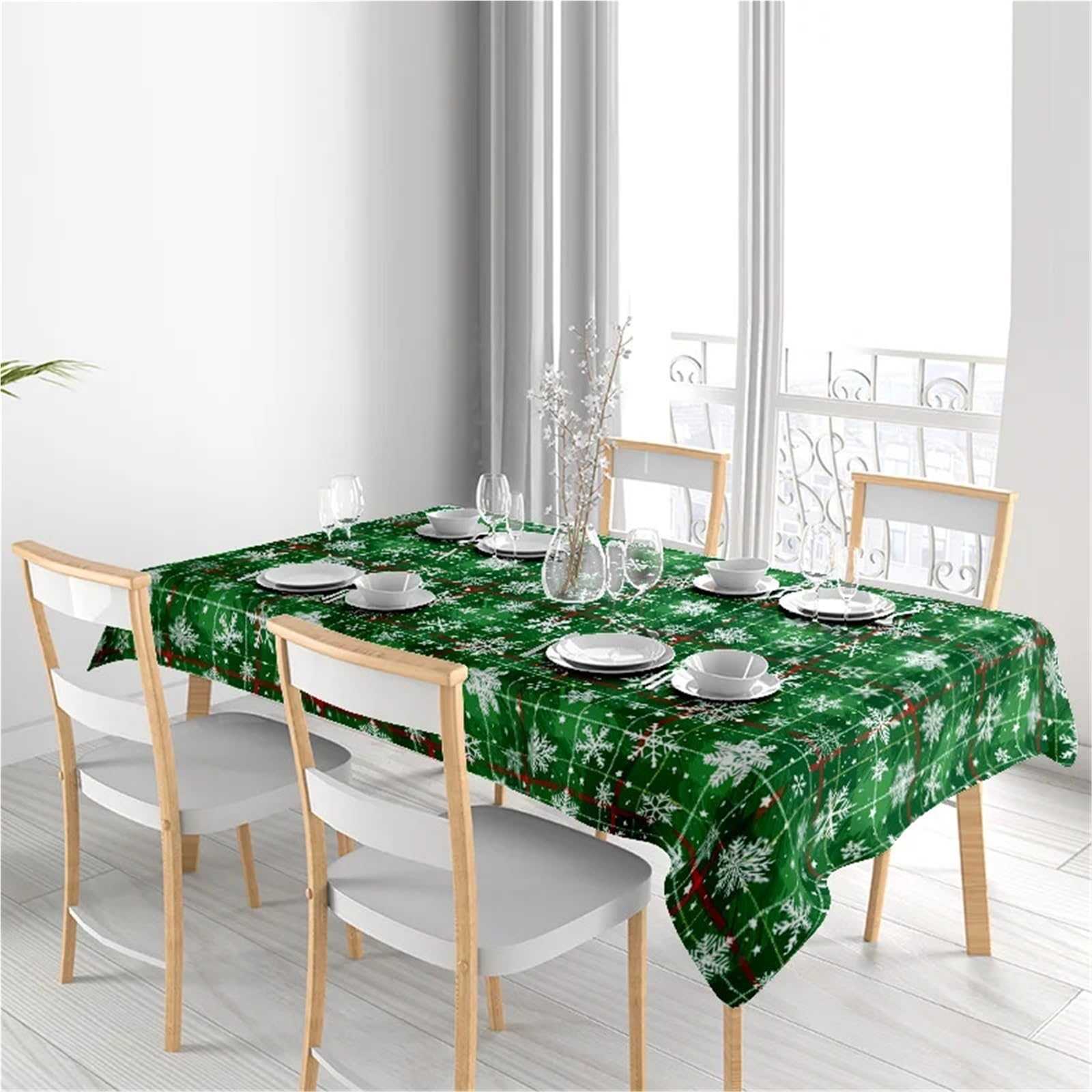 Waterproof Tablecloth Festive Green Snowflakes Holiday Dinner Party Decor Table Cover Winter Tableclot para Comedor(140X180CM)