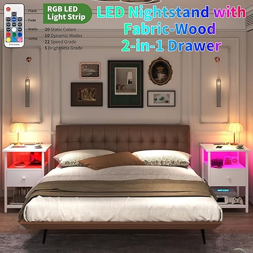 Miniatura 4 de HDDDZSW Juego de 2 mesitas de noche LED con estación de carga, mesitas de noche con puertos USB y tomacorrientes, mesa auxiliar con cajón 2 en 1 de