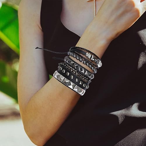 Miniatura 7 de Juego de 4 pulseras punk rock con tachuelas Emo Retro de cuero con remaches, puños ajustables de los años 80, accesorios para hombres y mujeres,