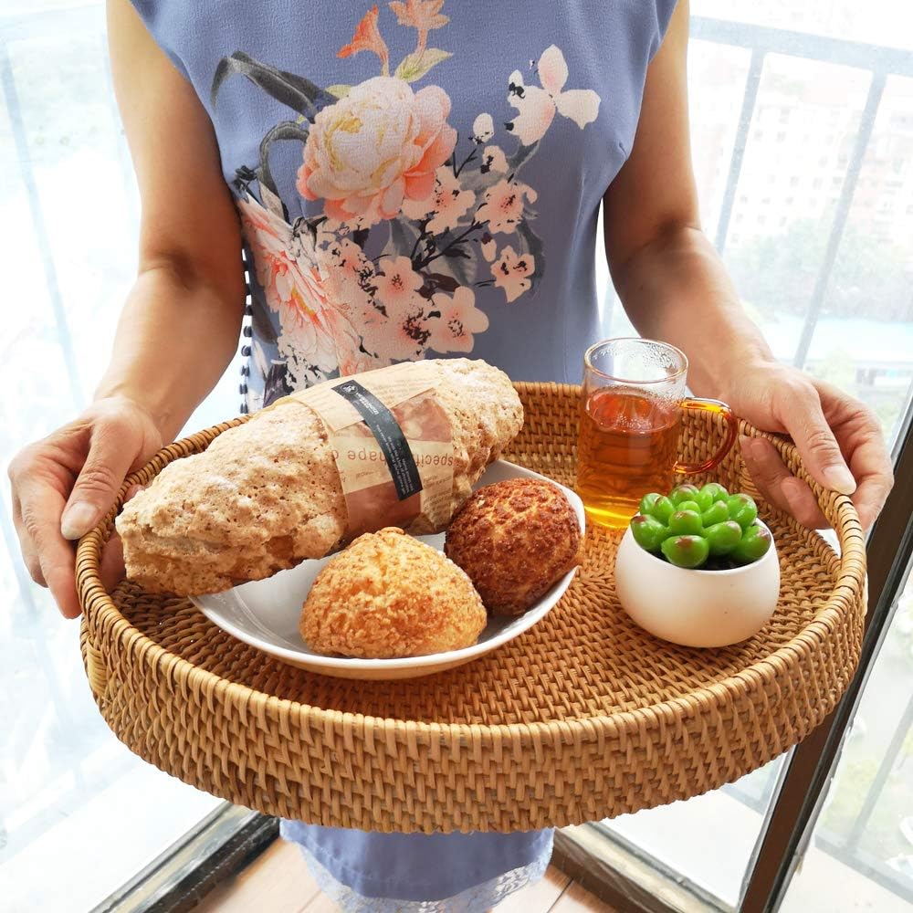i-lan Oval Rattan X-Large Severing Tray for Fruit,Breakfast, Drinks,Food Storage Platters Plate Snack for Coffee Table, 15 Inch Woven Decorative Wicker Tray Basket with Handle and 2” Wall(XL-38cm) - Image 3