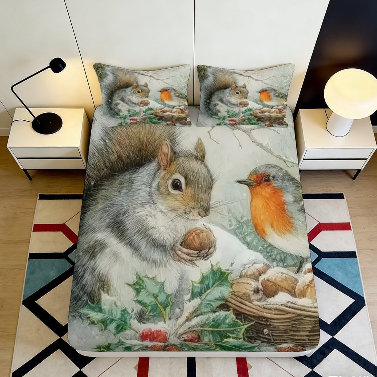 3D Printed Squirrel and Robin Fitted Sheet Microfiber Soft Breathable Winter Scene Bed Cover for Bedroom Dormitory Guest Room Mattress Protection Decor 90x200x25cm