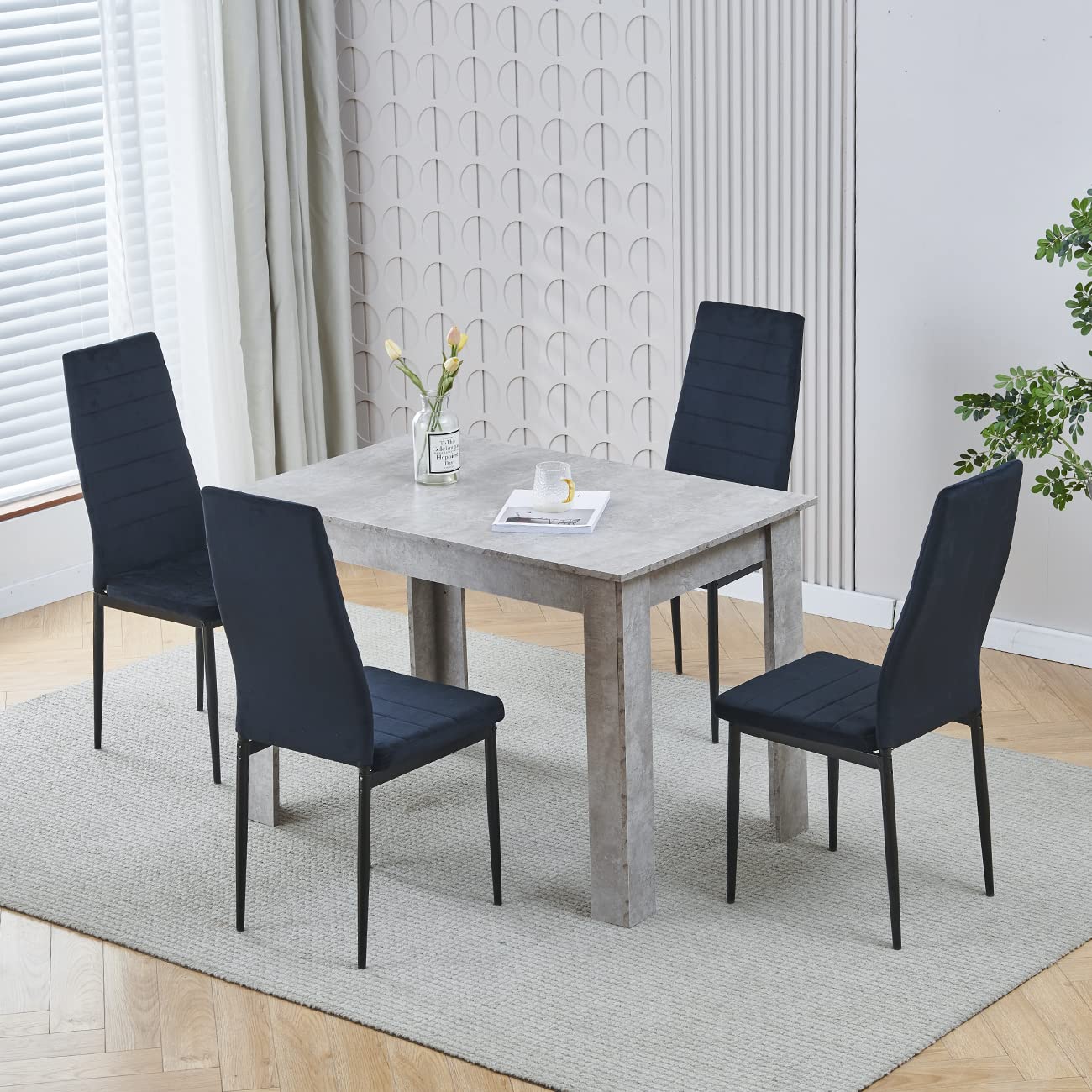 Homullel 110cm Dining Table and 4 Chairs, 4 Seater Kitchen Table and Chairs Set for Space Saving, Compact Dining Room Set for 4, 110x70 cm, Wooden, Beton Grey (4 Seaters, Flannel Black) โ image 1