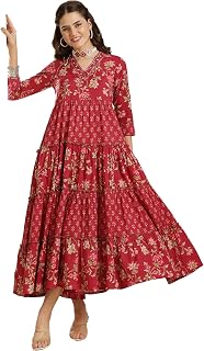 GULMOHAR JAIPUR Women's Cotton Calf Length Printed V-Neck Anarkali Kurta Price In India