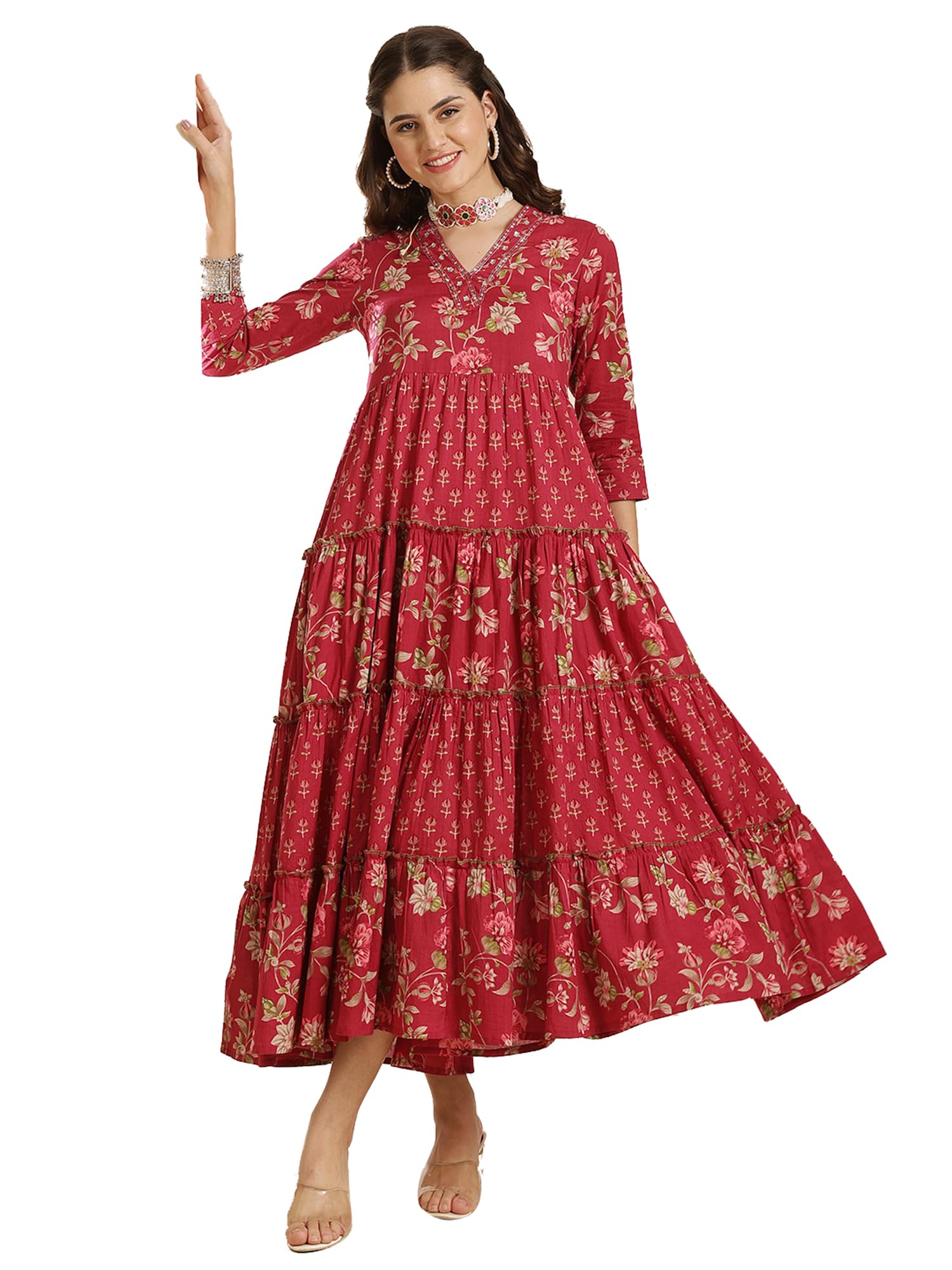 gulmohar jaipur Women's Cotton Calf Length Printed V-Neck Anarkali Kurta-picture-21
