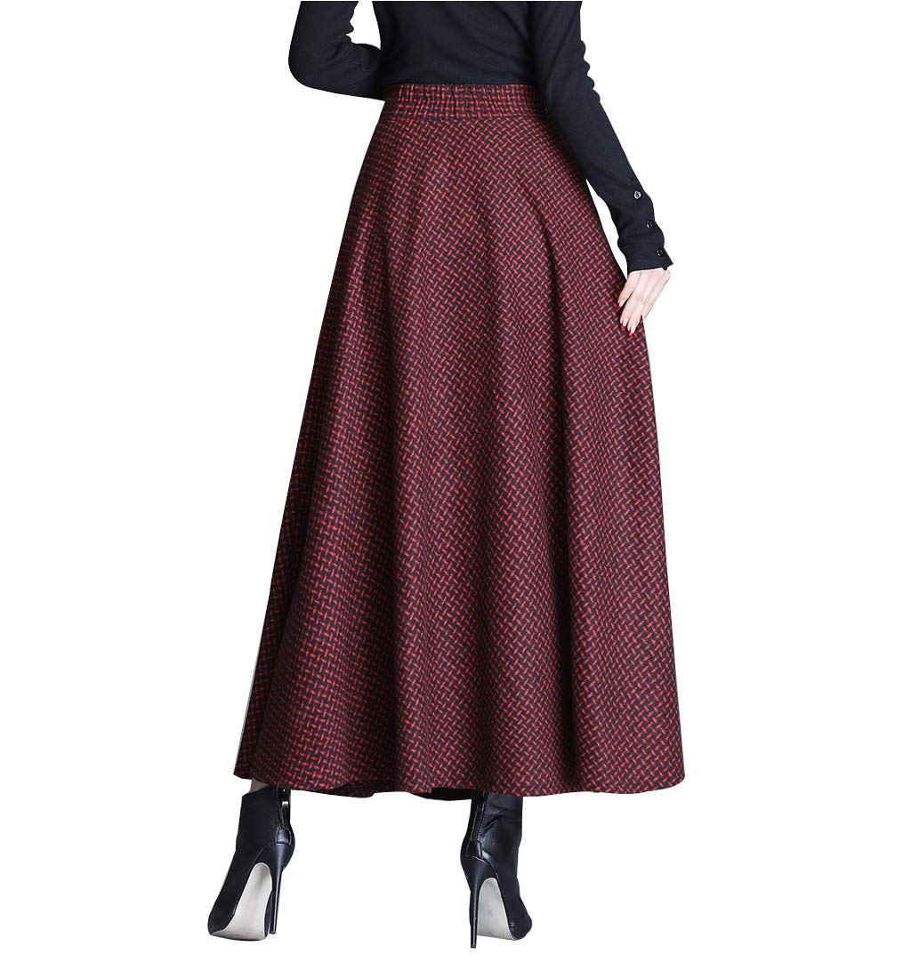 Jupe Longue Femme Hiver Élégant Carreaux Haute Taille Maxi Jupe en Laine A-Line Taille élastique Skirt 1951 Rouge vin -XXL