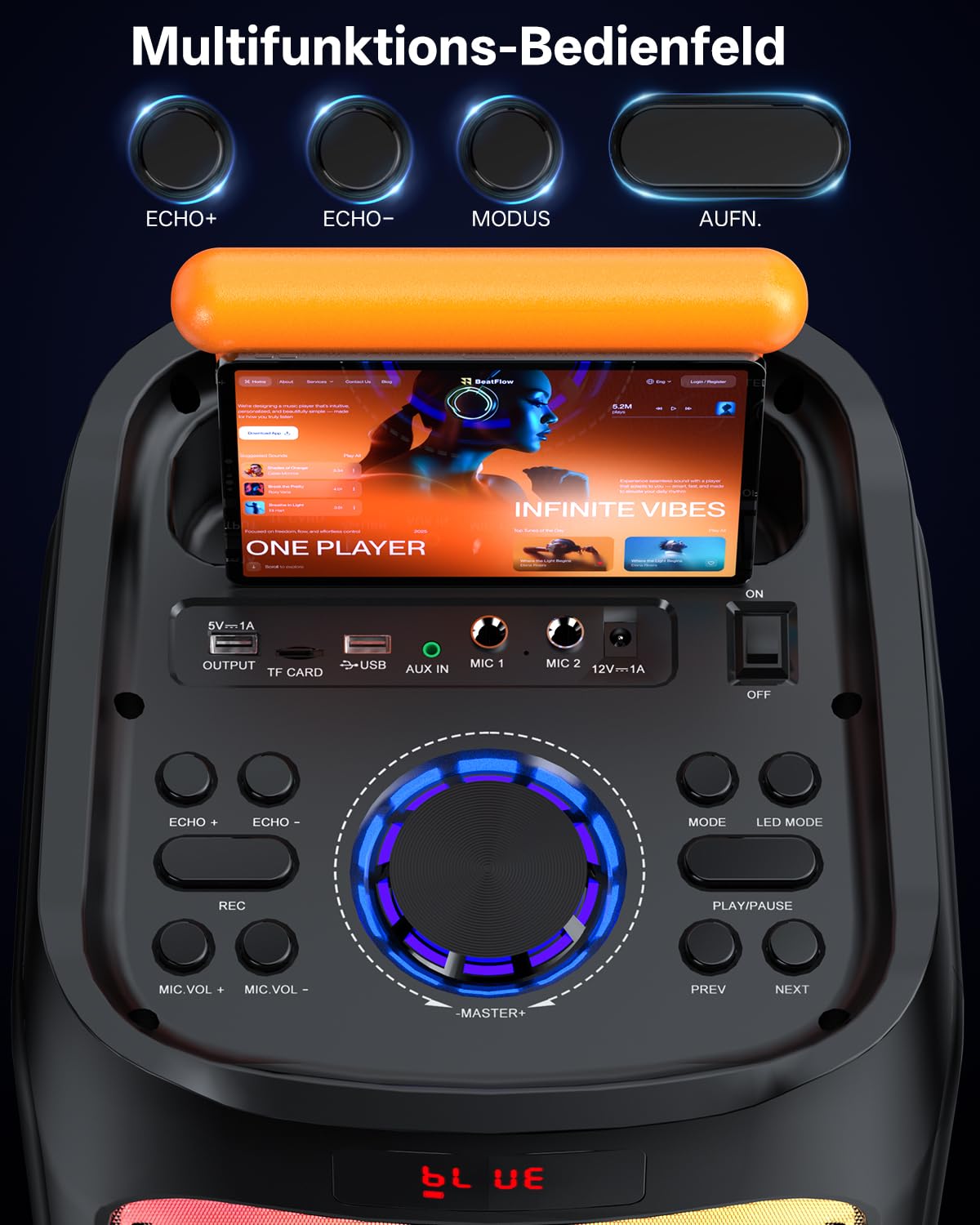 JYX Karaoke Anlage mit 2 drahtlosen Mikrofonen, Bluetooth Party Lautsprecher mit Rädern, Disco Lichtern und Subwoofer, 500W PA System für Party, Outdoor und Karaoke, TWS/SD/USB/AUX/Rec