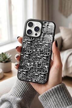 Apple iPhone 15 Pro Max ile Uyumlu Retro Foto raf Makineleri Tasar ml  Glossy Premium K l f, Silikon, Siyah