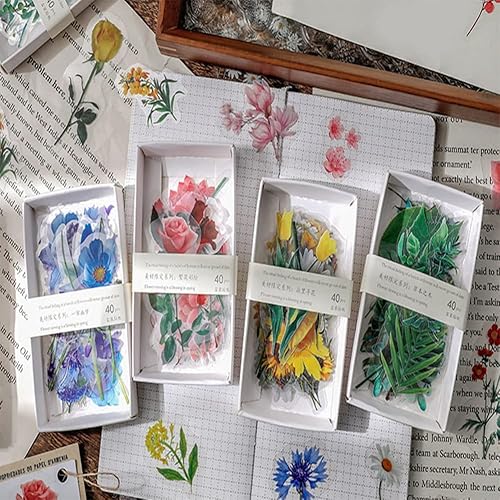 Juego de 160 calcomanías estéticas de flores vintage, plantas florales, PET, álbumes de recortes, calcomanías botánicas para computadoras