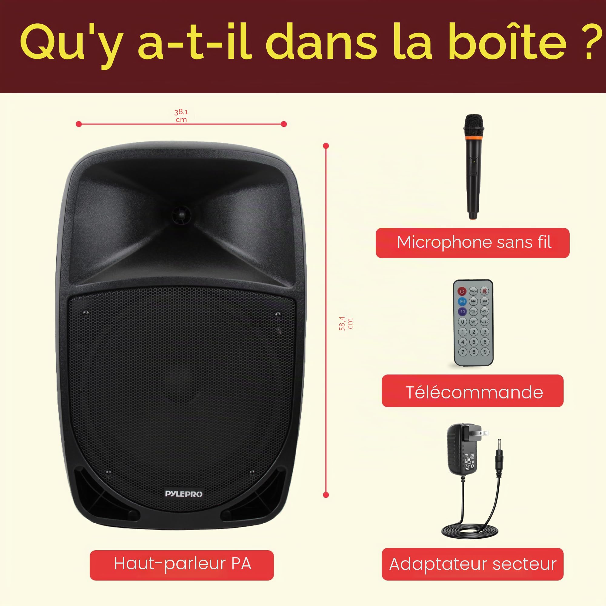 Pyle Enceinte Bluetooth Portable,1200W, Haut Parleur Bluetooth avec Subwoofer,Lumières Indicatrices de Batterie LED avec Batterie Rechargeable Intégrée, Lecteur MP3/USB/SD, Microphone sans Fil, Noir