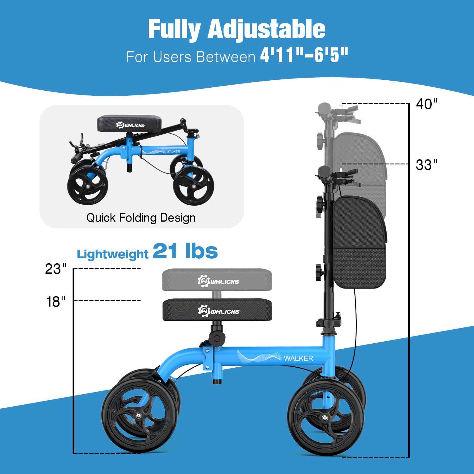 WHLICKS Premium Knee Scooter for Adults for Foot Surgery, Foldable & Steerable Knee Walker with Dual Brakes, Medical Knee Scooter for Broken Foot Injured, Lightweight Leg Scooter for Broken Ankle — Amazon image 4