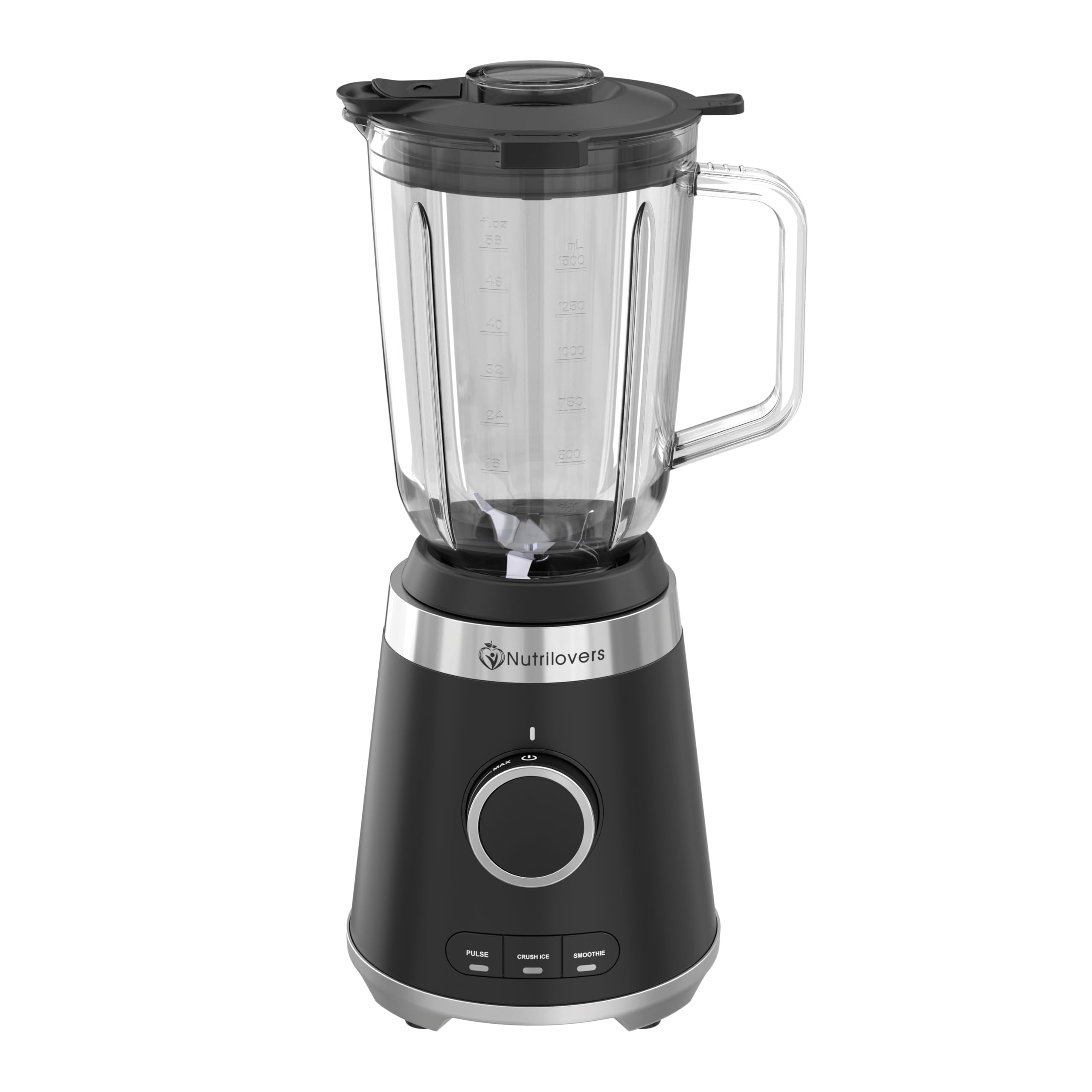 NUTRI-BLENDER GLAS mikser stojący o wysokiej wydajności, 1300 W, mikser do smoothie, profesjonalny blender, szklany pojemnik 1,75 l, obudowa ze stali nierdzewnej, 4 ostrza, nie zawiera BPA, cichy