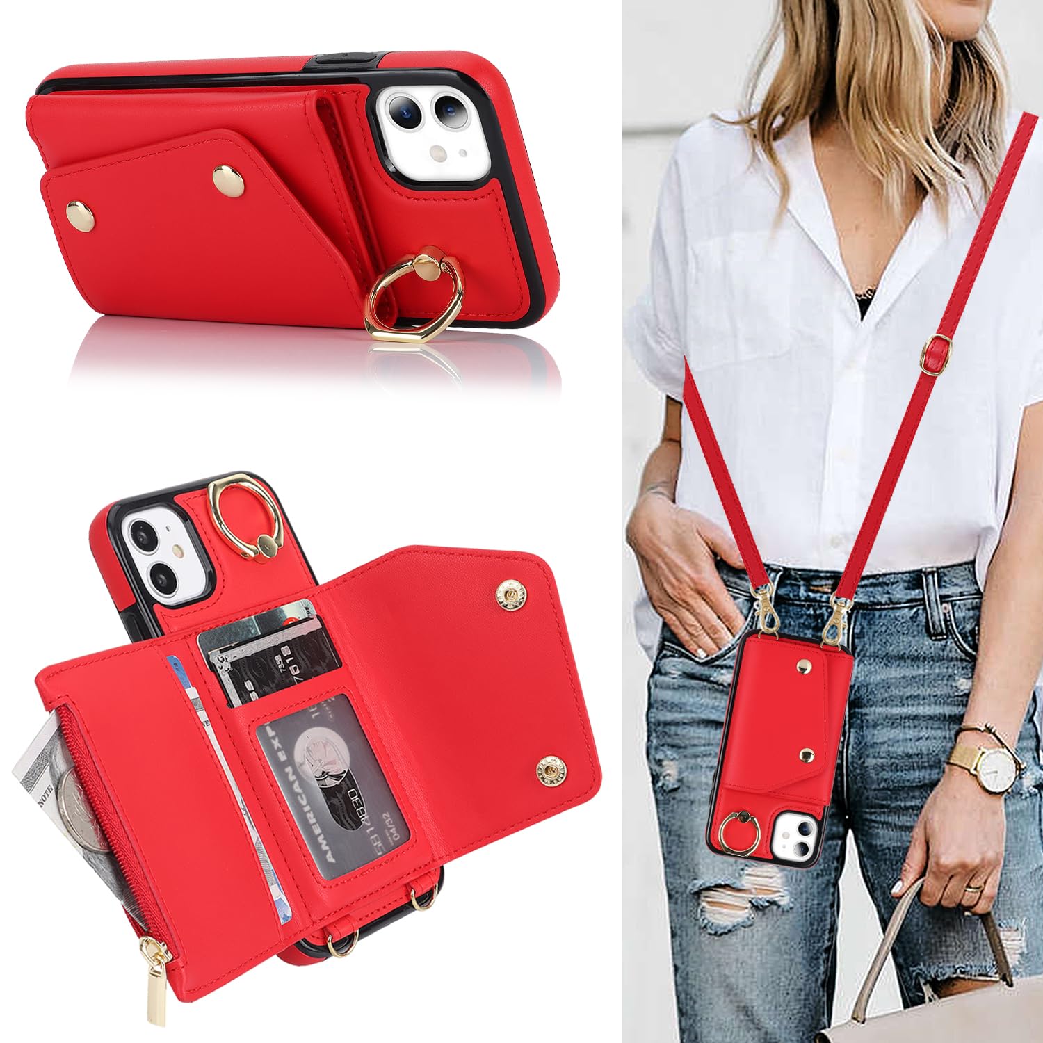 Lipvina for iPhone 11 Phone Case Wallet with Strap,Credit Card Holder,Ring Stand,RFID Blocking,Crossbody Lanyard Wristlet Strap Zipper Card Holder Wallet Phone Case for Women (6.1 inch,Red)