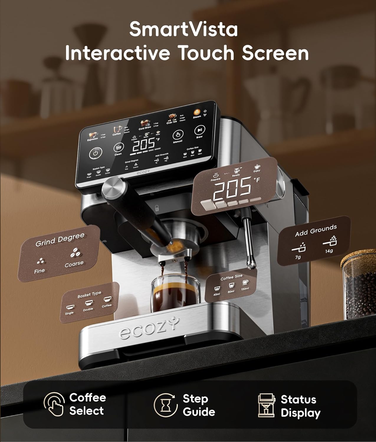 ecozy 4-in-1 Espresso Machine and Coffee Maker Combo with Milk Frother, All in One with Cold Brew & Over Ice, Interactive Touch Screen, Brezzano Elite Series for Cappuccinos, Lattes, Americanos