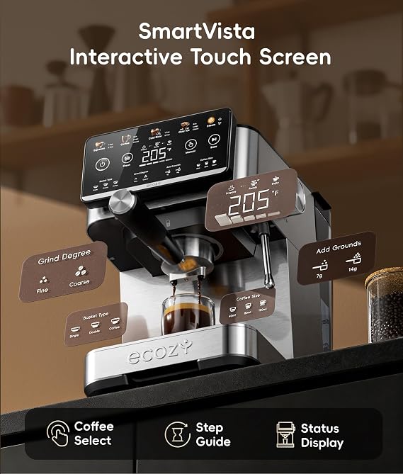 ecozy 4-in-1 Espresso Machine and Coffee Maker Combo with Milk Frother | Cold Brew & Over Ice, Interactive Touch Screen, Stainless Steel, Brezzano Elite Series for Lattes, Americanos