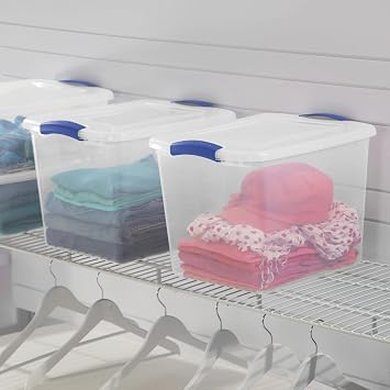 Small Storage Bin, 27 Quart Clear Plastic Storage Container with Latch Lid, Blue