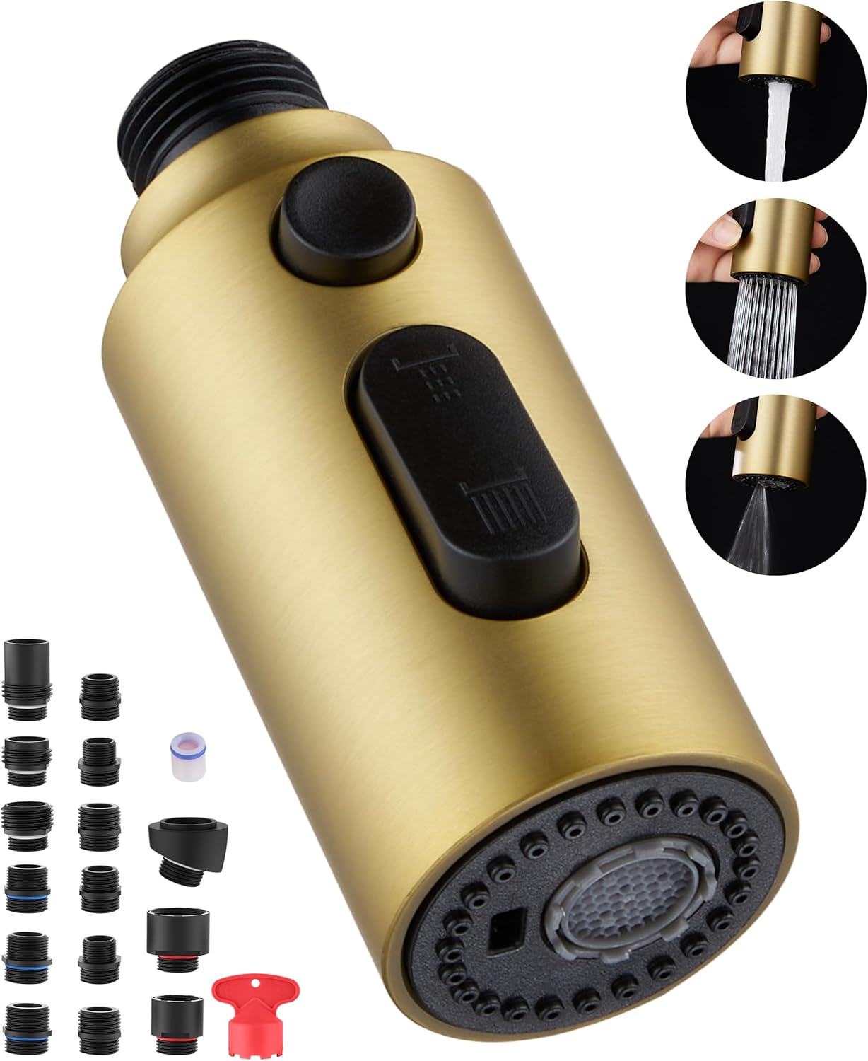 Pull Down Spray Head for Kitchen Sink, Replacement with 15 Adapters, 3 Function Pull Out Faucet Sprayer Nozzle, Brushed Gold