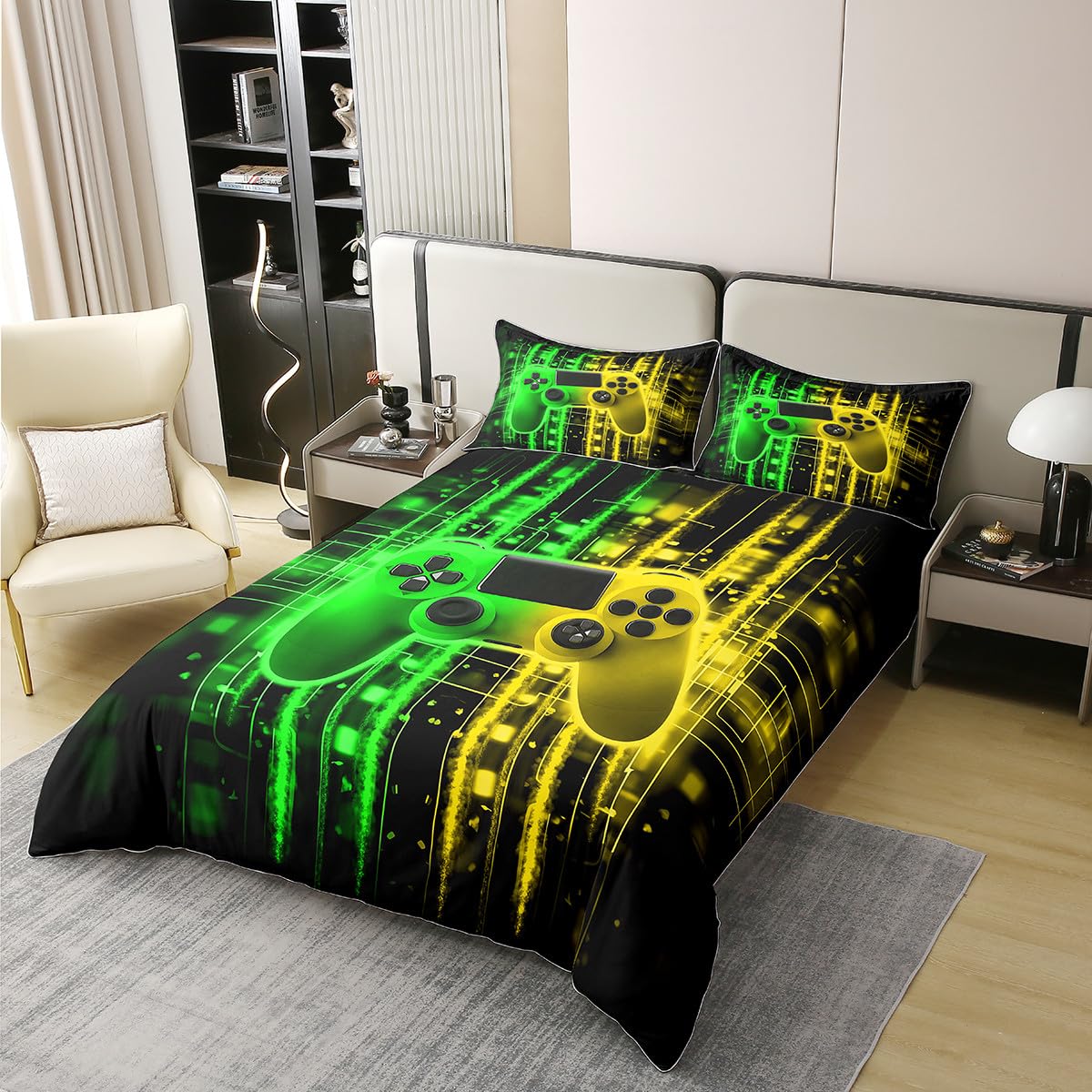 Homewish Funda de edredón para habitación de niños, funda de edredón de gamer, tamaño individual para niños y adolescentes, juego de cama para niños pequeños, decoración de sala de juegos, amarillo y