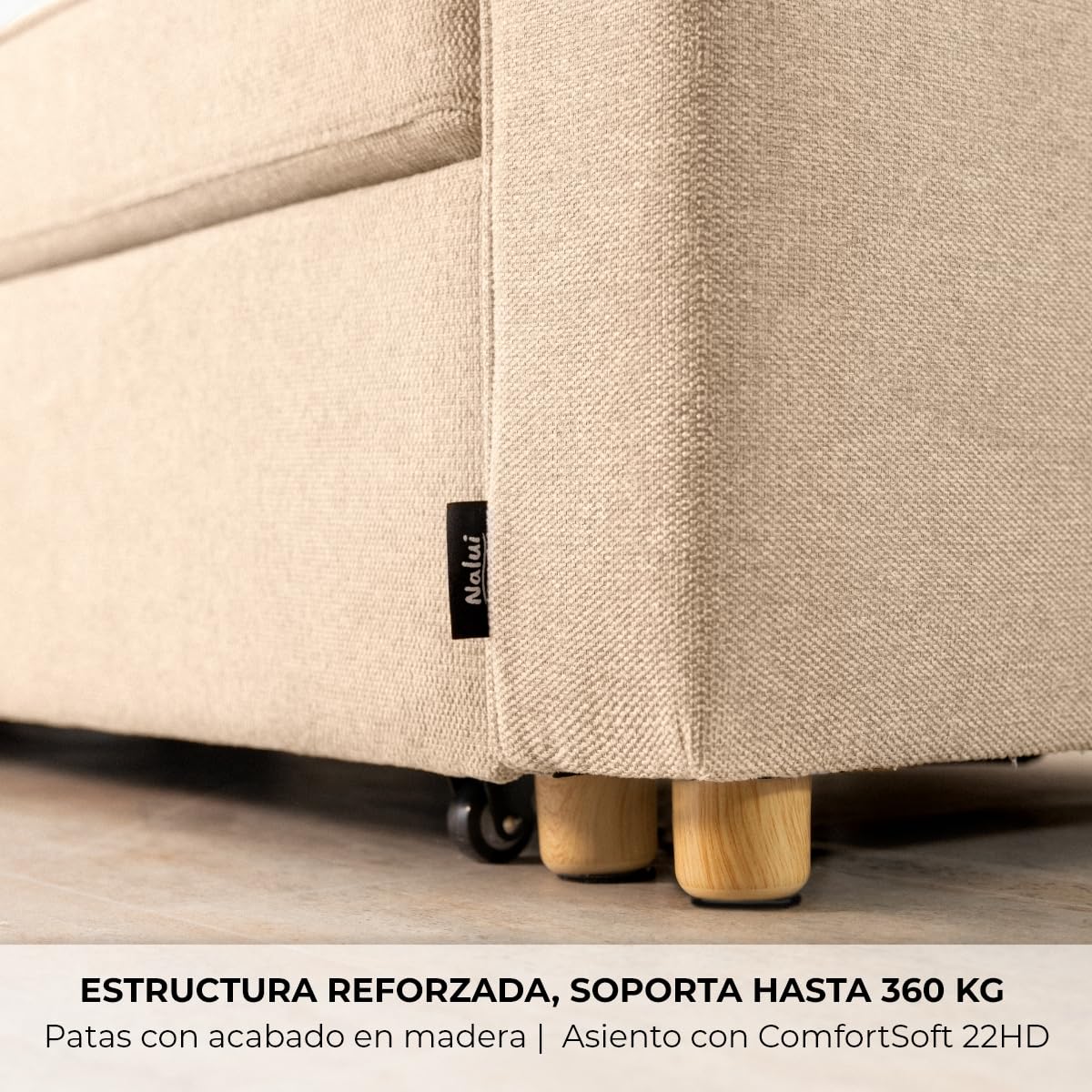 Nalui - Sofa Cama Chaise Longue Haven 213x129x81cm Reversible con Arcón de 127,6L. Sofa de Salon 3 Plazas Convertible en Cama de 122 x 190 cm. Incluye Bolsillos y Tejido 360º, Beige