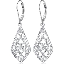Sterling Silver Leverback Dangle Earrings for Women Teardrop Filigree 14K Gold Plated Dangly Earrings Mothers Day Gift