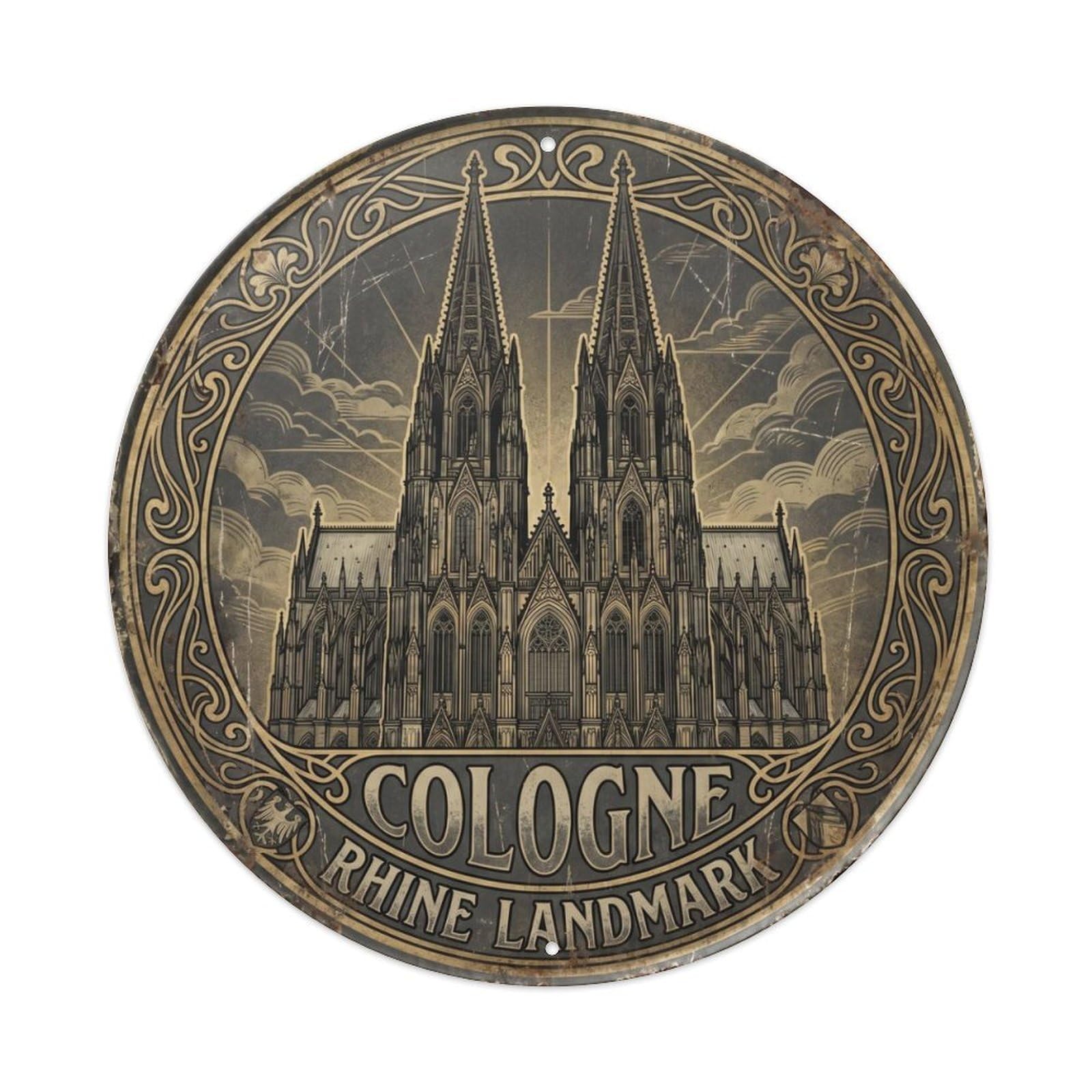 Vintage Travel Cologne Cathedral Germany Metal Tin Sign Plaque Wall Decor for Cafe, Club Bar, Office, Home Garden Round Metal Poster 8x8Inch