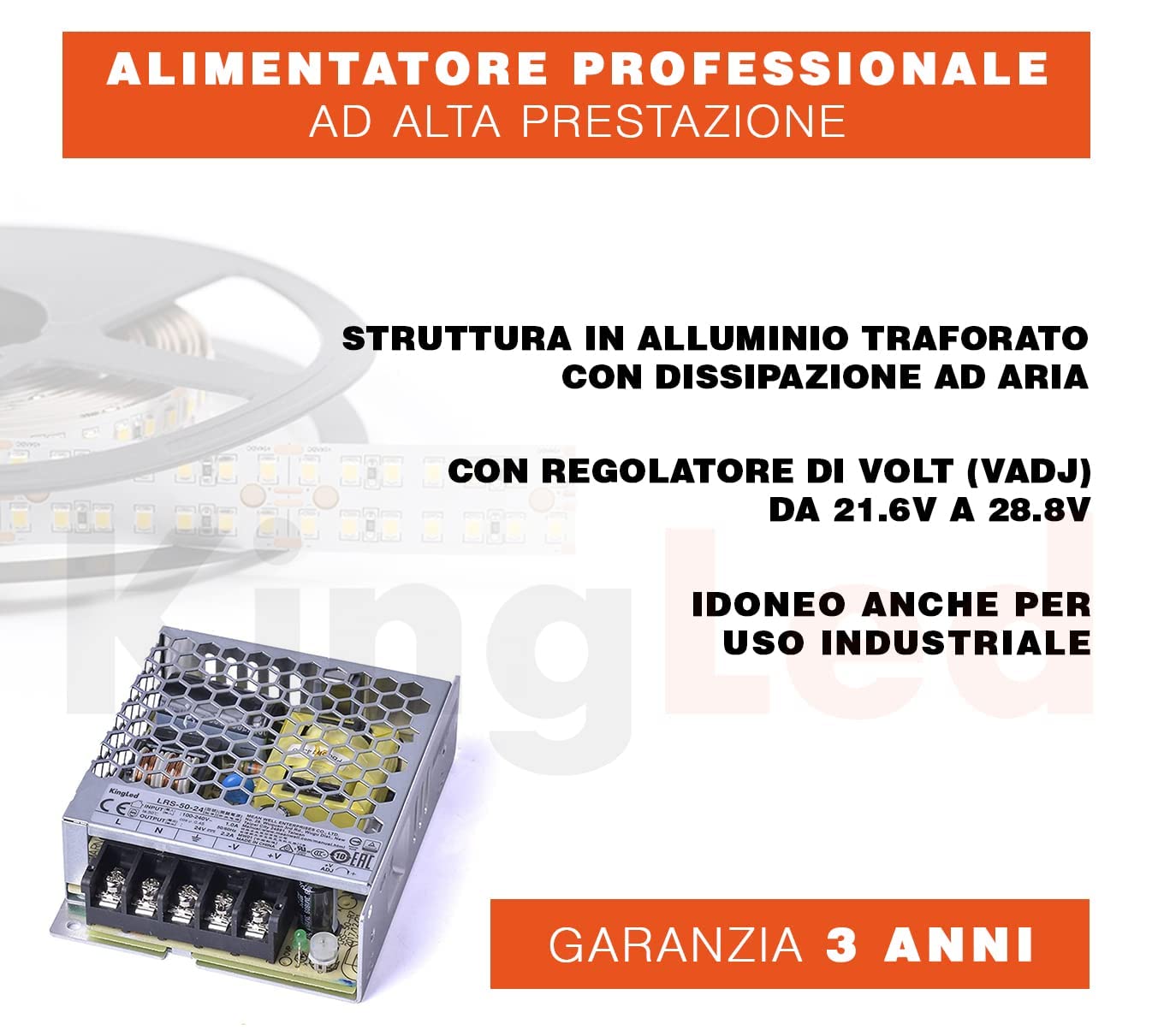 KingLed – MeanWell Fuente de alimentación Meanwell Modelo LRS-50-24 50W 24V Transformador Switching Mean Well NO resistente al agua IP20 para Tiras LED – cód.1991
