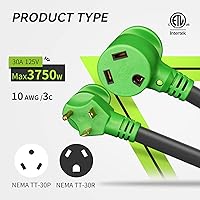 Vista 3 de RVMATE Cable de extensión de alimentación RV de 30 amperios y 15 pies con mango de fácil enchufe, TT-30P a TT-30R, indicador LED, 10 AWG