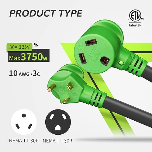 Miniatura 4 de RVMATE Cable de extensión de alimentación RV de 30 amperios y 75 pies con mango de fácil enchufe, TT-30P a TT-30R, indicador LED, 10 AWG,