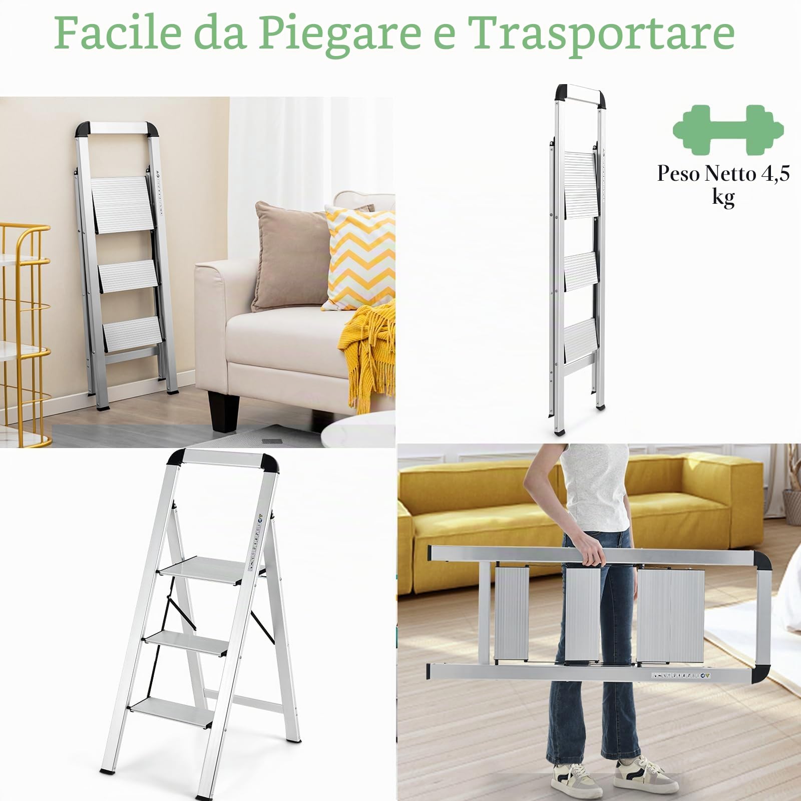 SOARS Scala 3 Gradini in Alluminio, Scaletta Pieghevole con Piedini Antiscivolo, Leggera e Portatile, Portata 150 kg, Attacco & Fibbia di Sicurezza, per Casa, Officina, Garage, 44 X 62 X 109 CM