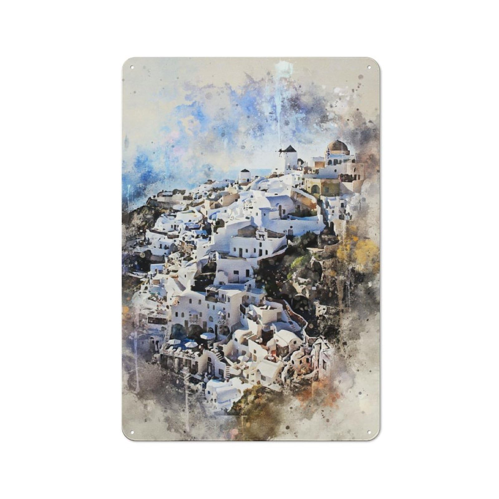 Junmoney Santorini In Watercolor Vintage Tin Wall Plaque 30X20cm For Workshop Wall, A Decorative Christmas Gift For Makers And Diy Enthusiasts