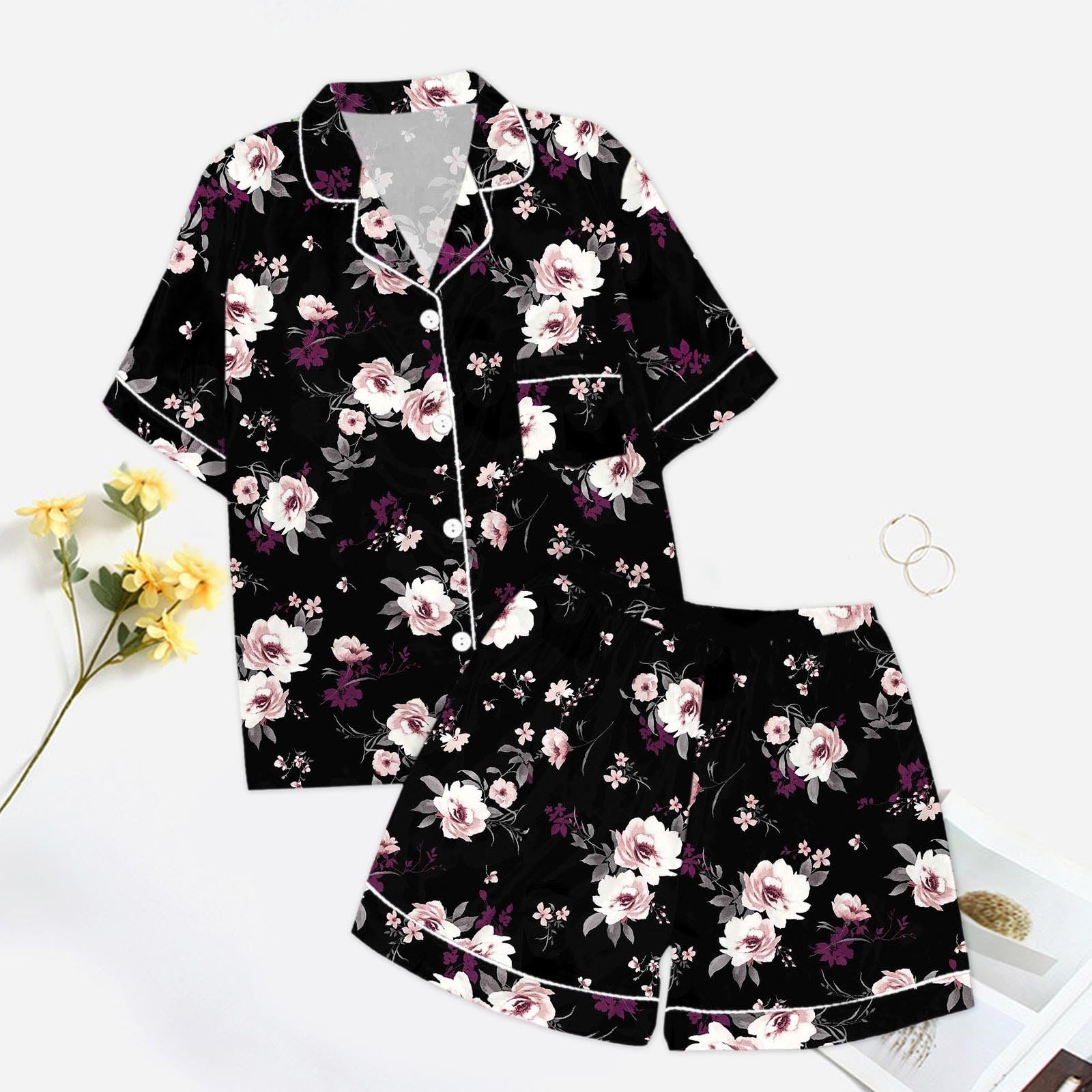 Generisch Conjuntos de pijama de satén de seda para mujer, manga corta, ropa de dormir con botones, parte superior y pantalones cortos (negro, L)