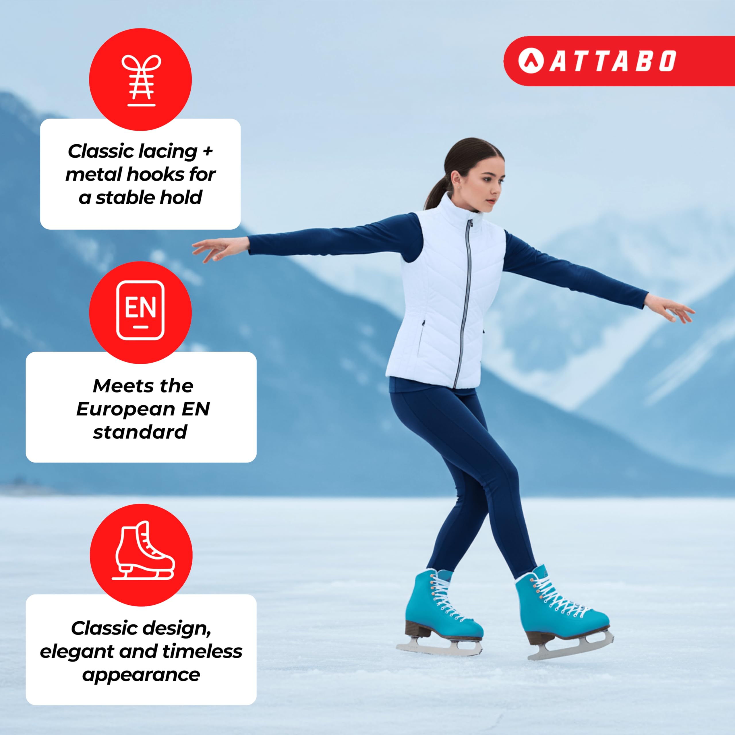 ATTABO ISLA Damen Eiskunstlauf Schlittschuhe | Edelstahlkufen | Bis 100 kg | PVC-Obermaterial | Starke Knöchelstütze | Klassisches Design & hoher Anfänger & Fortgeschr (39)