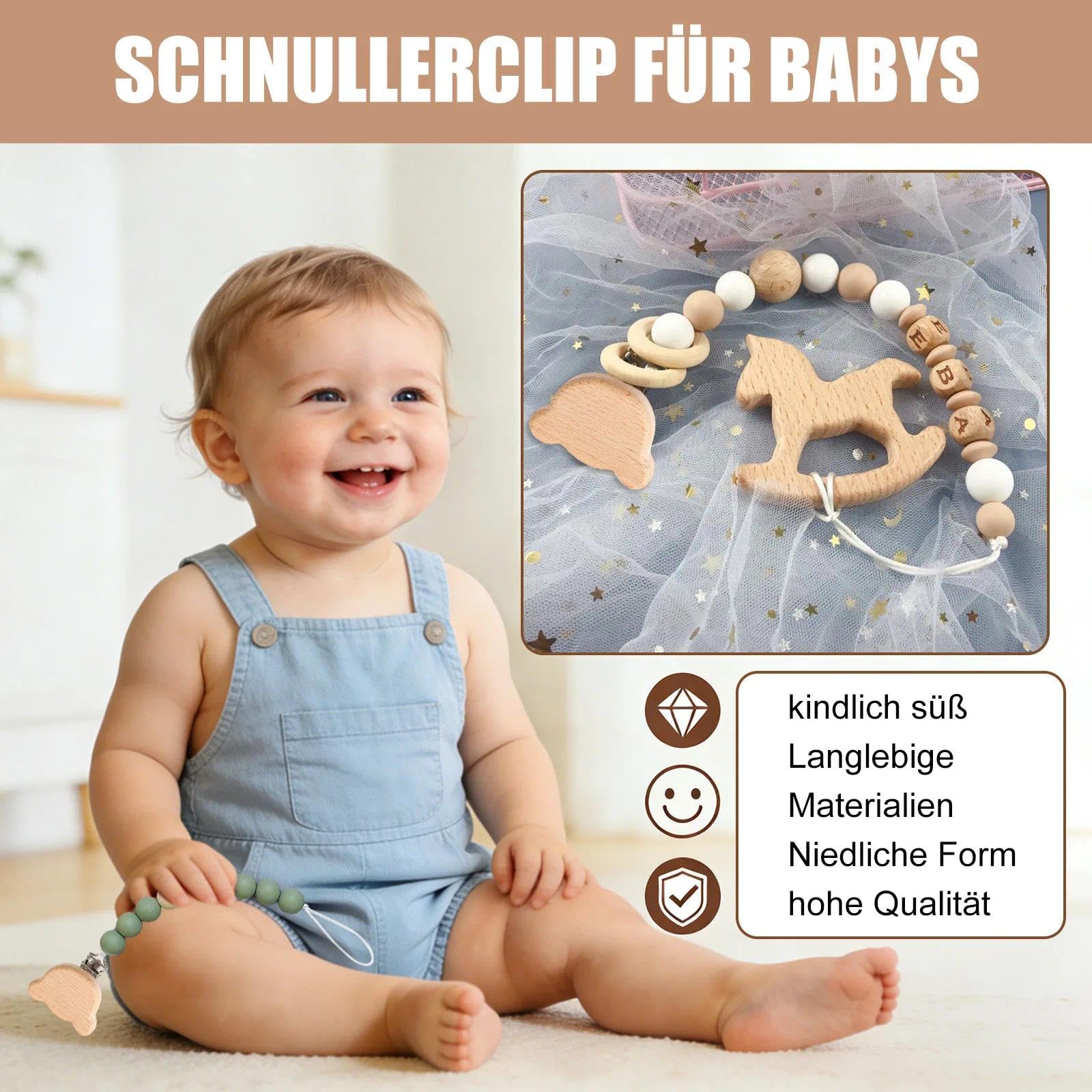 4 clip per ciuccio in legno, clip per ciuccio, clip per ciuccio, accessori