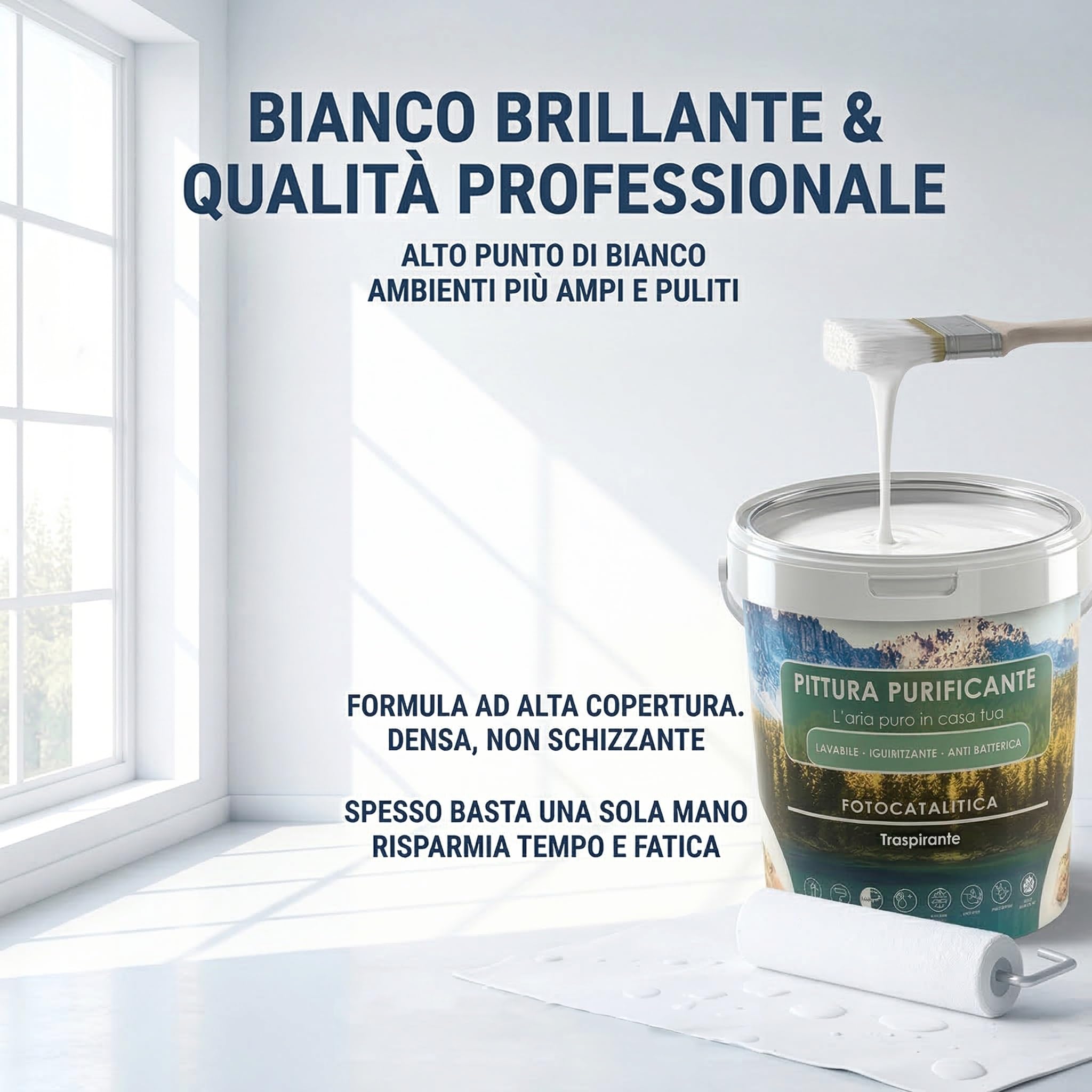 Pittura Antimuffa Fotocatalitica per Interni/Vernice Lavabile Atossica adatta a Bambini e Animali/Traspirante e Risanante per Pareti interne Muro Legno Metallo/No Tossica (Bianco, 5 Kg)