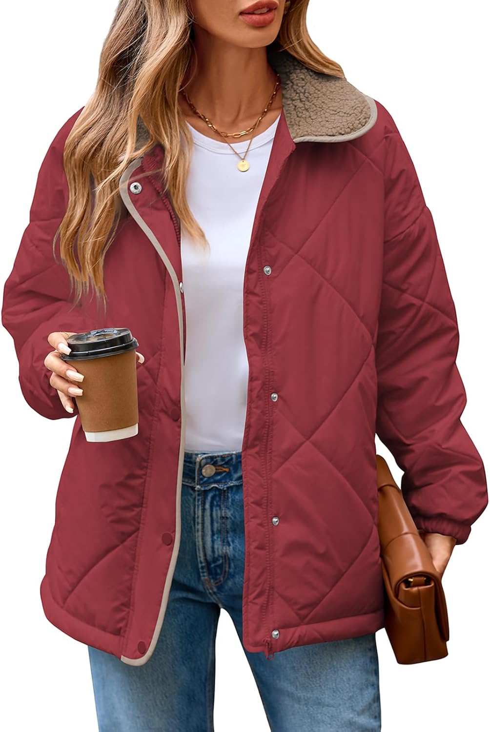 Naggoo Women's Casual Long Sleeve Quilted Jackets Loose Button Down Zipper Winter Puffer Jacket Coat Outwear