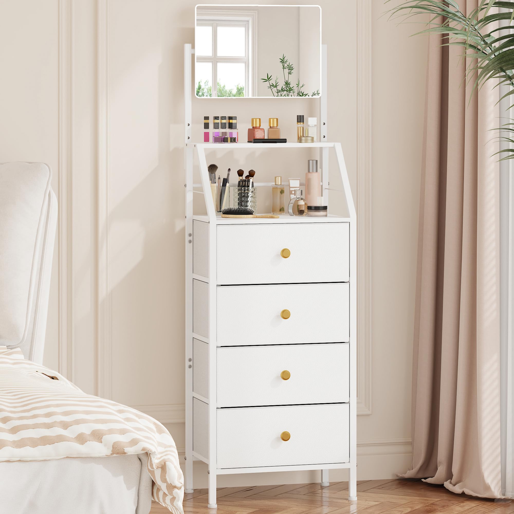 Amazon.com: HIGDBFE 4-Drawer Dresser with Mirror, Vanity with 2-Tier Shelves, Fabric Chest of Drawers for Small Space, Vertical Storage Cabinet for Bedroom, Nightstand Bedside Table Furniture, White, 15.3" W : Home & Amazon.com: HIGDBFE 4-Drawer Dresser with Mirror, Vanity with 2-Tier Shelves, Fabric Chest of Drawers for Small Space, Vertical Storage Cabinet for Bedroom, Nightstand Bedside Table Furniture, White, 15.3" W : Home &