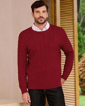 Kallspin Mens Crew Neck Sweater Pullover Pure Cotton Cable Knit Long Sleeve Knitwear Casual Classic Style